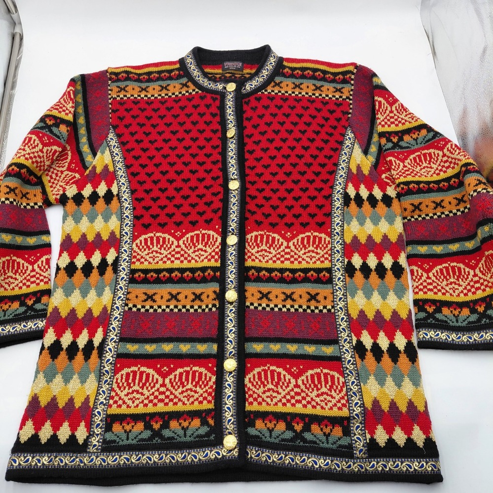 Vrikke Irene Haugland Zahl Wool Cardigan Sweater Womens L Knit Glitter Colorful